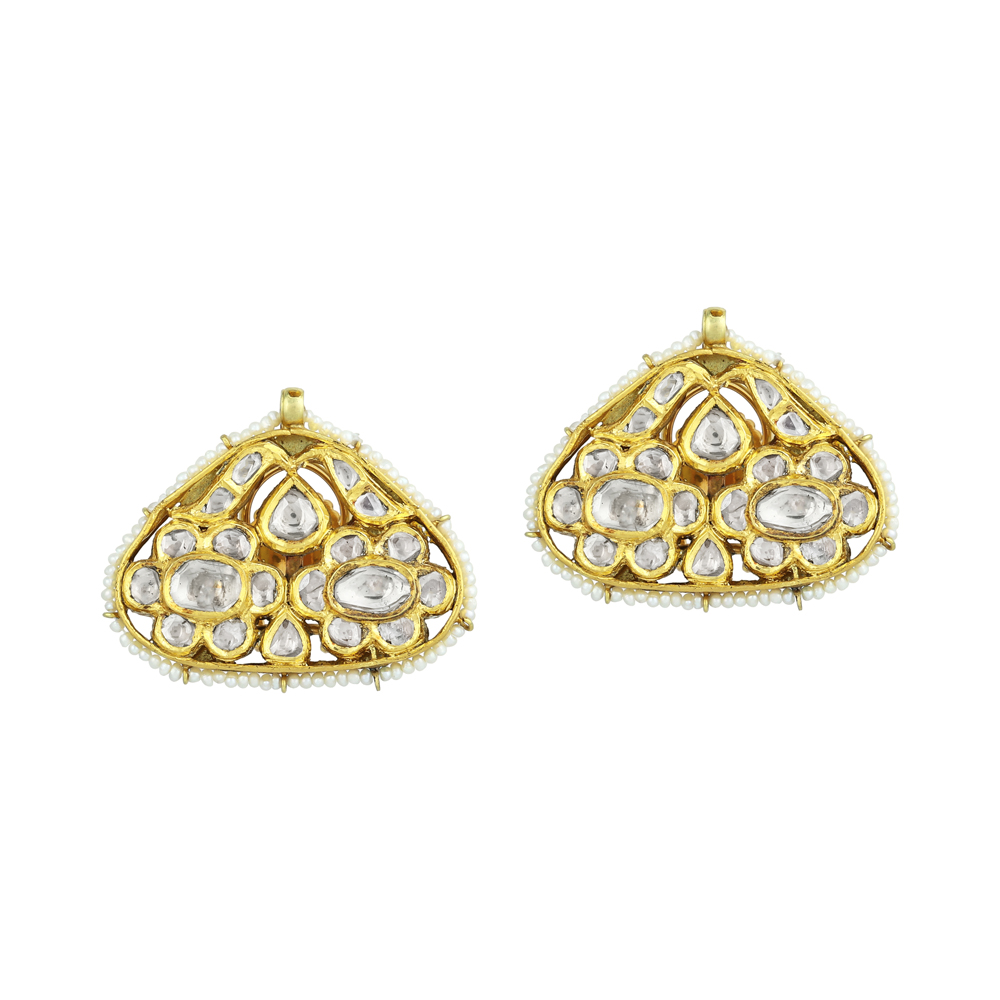 Triangular Polki Earrings with Gold & Pearl Detailing